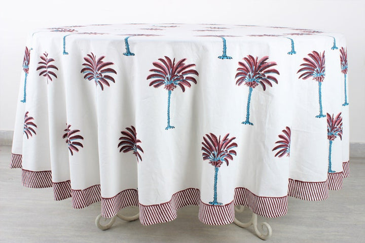 Fabricrush Red Palm Tree Round Tablecloth, Indian Floral Hand Block Printed Cotton Cloth Table cover, Home Decor and Gifts, Gift for her, gifts, Valentine's day,  Easter, Spring