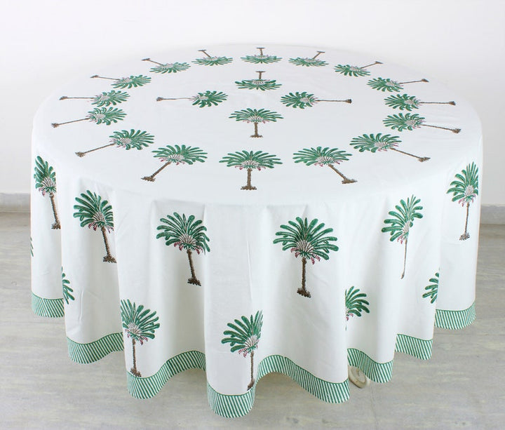 Green Palm Tree Hand-Block Printed Cotton Round Tablecloth