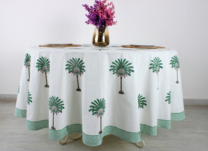 Green Palm Tree Hand-Block Printed Cotton Round Tablecloth