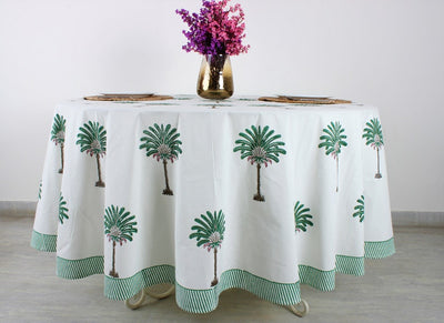 Fabricrush Pine Green Palm Round Tablecloth, Indian Floral Hand Block Printed Cotton Cloth Table cover, Home Decor and Gifts, Party Wedding Home Events