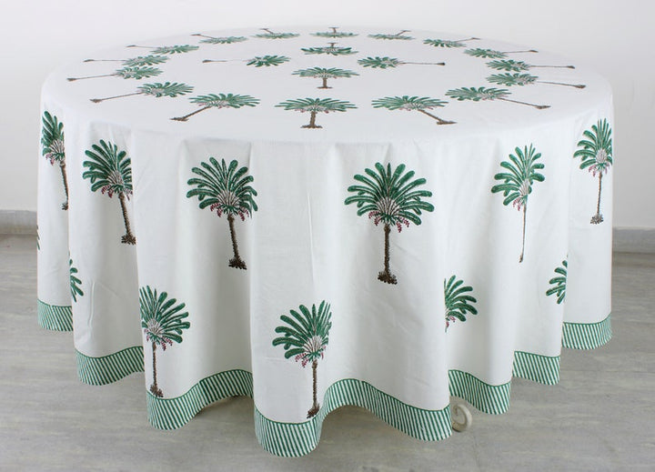 Green Palm Tree Hand-Block Printed Cotton Round Tablecloth