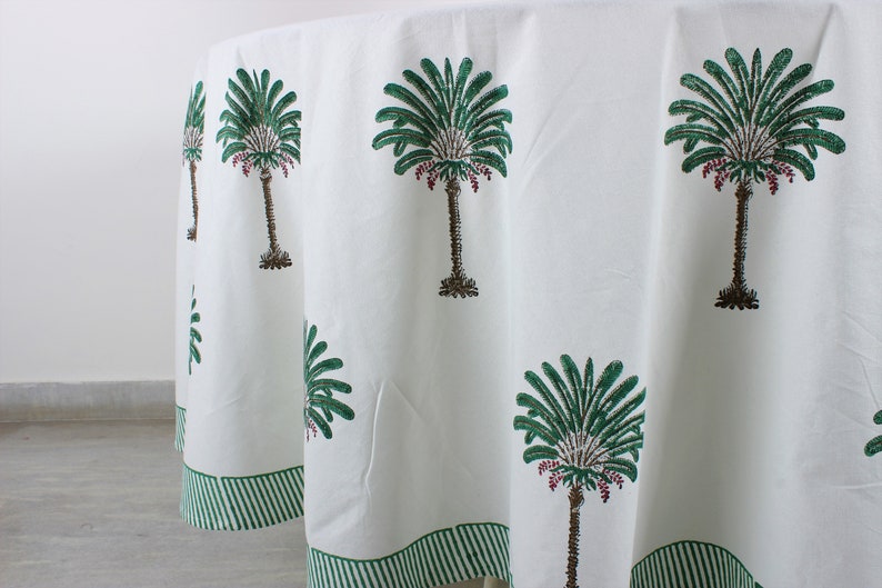 Green Palm Tree Hand-Block Printed Cotton Round Tablecloth