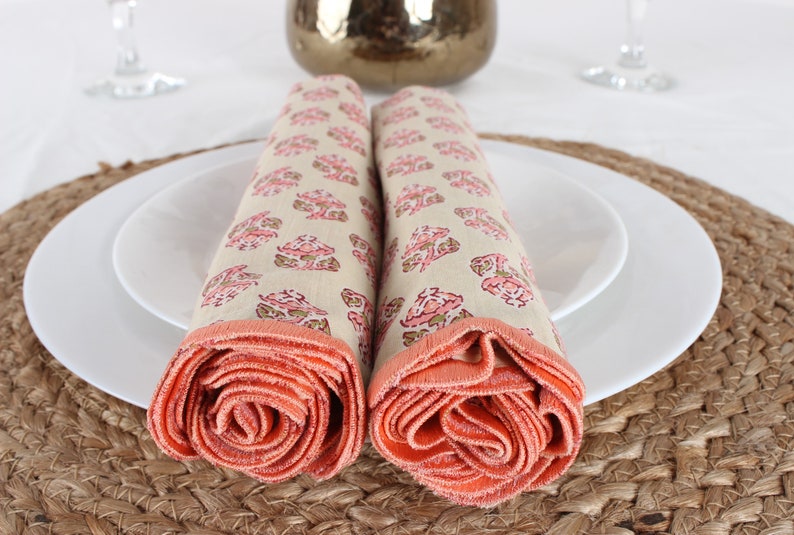 Mix And Match Floral And Poppy Design Indian Hand Block Printed Cotton Embroidery Napkins, 9x9"- Cocktail 20x20"- Dinner Napkin