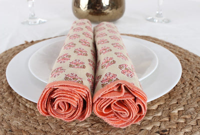Fabricrush Mix And Match Floral And Poppy Design Indian Hand Block Printed Cotton Embroidery Napkins, 18x18"- Cocktail 20x20"- Dinner Napkin