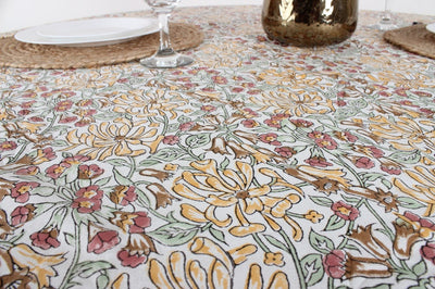 Fabricrush Canary yellow, mint green and brown Indian Hand Block Floral Printed Cotton Round Tablecloth, Outdoor Wedding Home Party Patio Event Garden