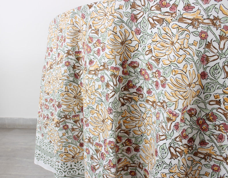 Fabricrush Canary yellow, mint green and brown Indian Hand Block Floral Printed Cotton Round Tablecloth, Outdoor Wedding Home Party Patio Event Garden