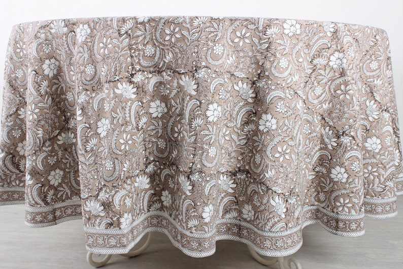 Taupe and Off White Round Tablecloth, Indian Floral Hand Block Printed Cotton Cloth Table cover, Home Decor and Gifts, Party Wedding Events