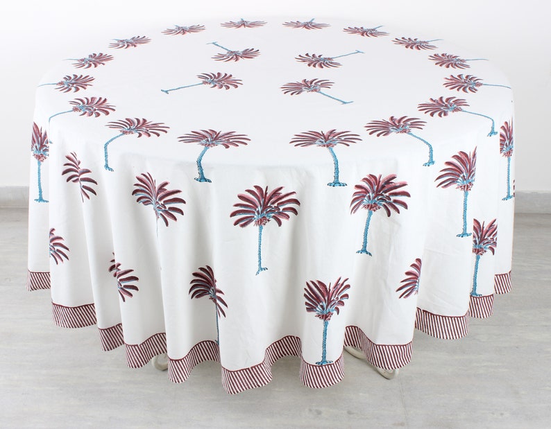 Fabricrush Red Palm Tree Round Tablecloth, Indian Floral Hand Block Printed Cotton Cloth Table cover, Home Decor and Gifts, Gift for her, gifts, Valentine's day,  Easter, Spring