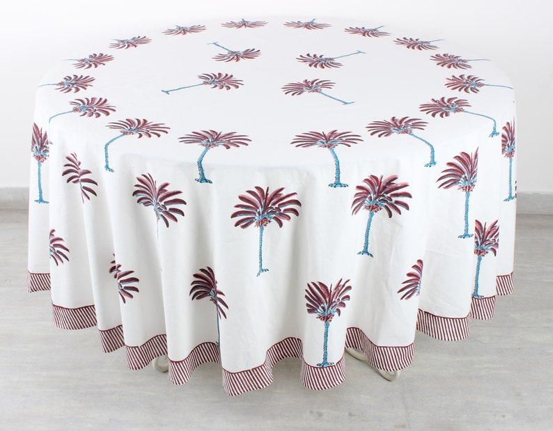 Fabricrush Red Palm Tree Round Tablecloth, Indian Floral Hand Block Printed Cotton Cloth Table cover, Home Decor and Gifts