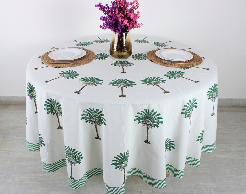 Green Palm Tree Hand-Block Printed Cotton Round Tablecloth