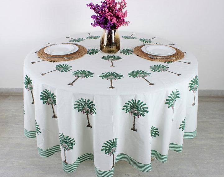 Pine Green Palm Indian Floral Block Printed Cotton Round Table cover