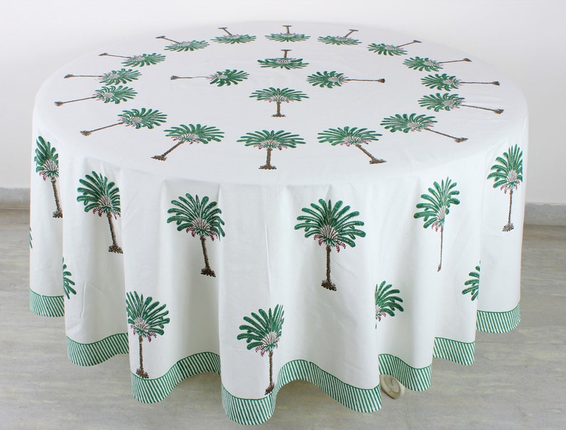 Green Palm Tree Hand-Block Printed Cotton Round Tablecloth