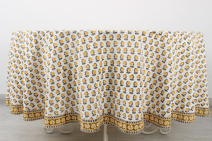 Vintage Yellow Drip Flower Indian Floral Hand-Block Printed Cotton Round Tablecloth