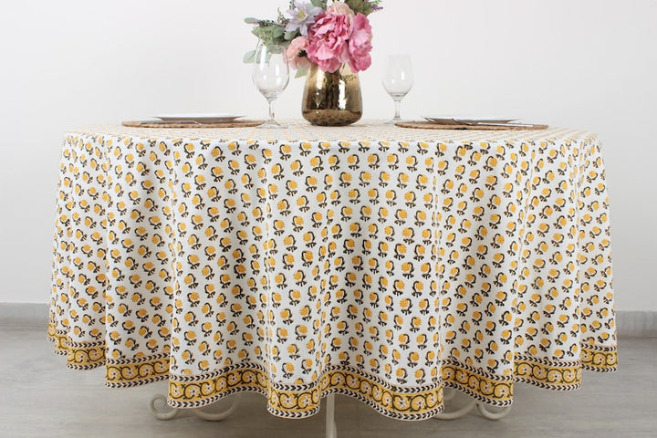 Vintage Yellow Drip Flower Indian Floral Hand-Block Printed Cotton Round Tablecloth