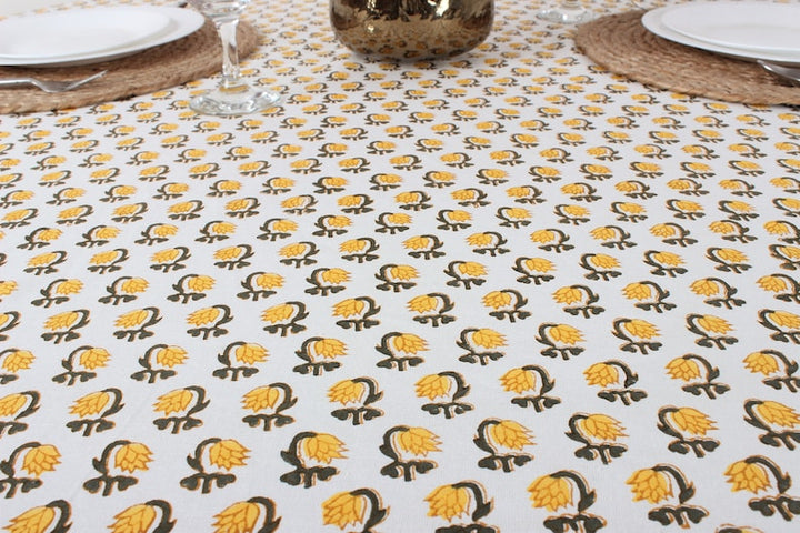 Vintage Yellow Drip Flower Indian Floral Hand-Block Printed Cotton Round Tablecloth