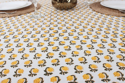 Vintage Yellow Drip Flower Round Tablecloth, Indian Floral Hand Block Printed Cotton Cloth Table cover, Party Wedding Farmhouse Home Events
