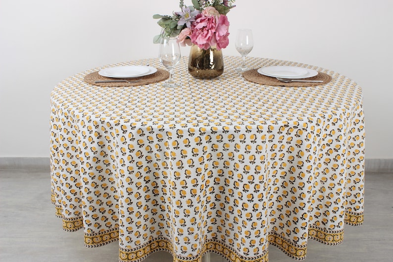 Vintage Yellow Drip Flower Indian Floral Hand-Block Printed Cotton Round Tablecloth