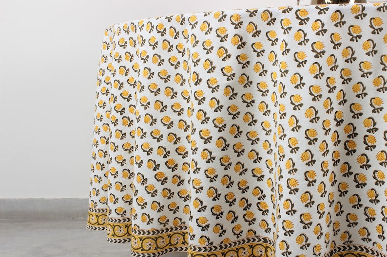 Vintage Yellow Drip Flower Indian Floral Hand-Block Printed Cotton Round Tablecloth