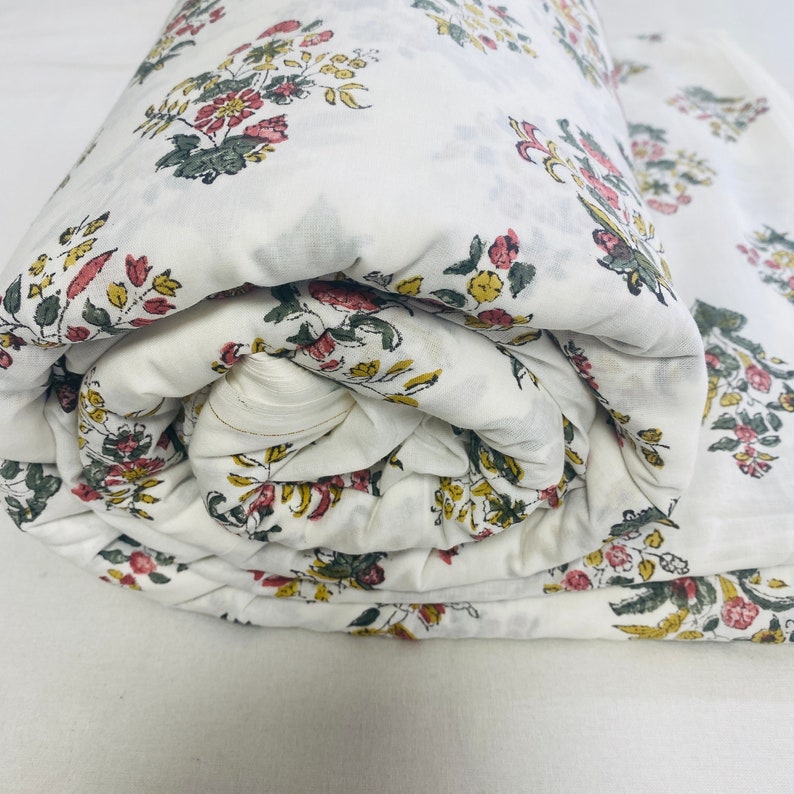 Jasmine Yellow, Green and Pink Indian Floral Hand Block Printed 100% Cotton Cloth, Fabric by the Yard, Curtains Pillows Cushions Duvet Cover
