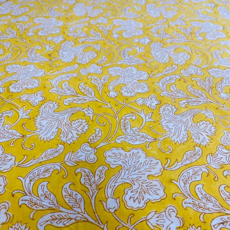Fabricrush Saffron Yellow and Off White Indian Floral Hand Block Printed 100% Cotton Cloth, Fabric by the Yard, Womens Clothing Curtains Pillow Covers