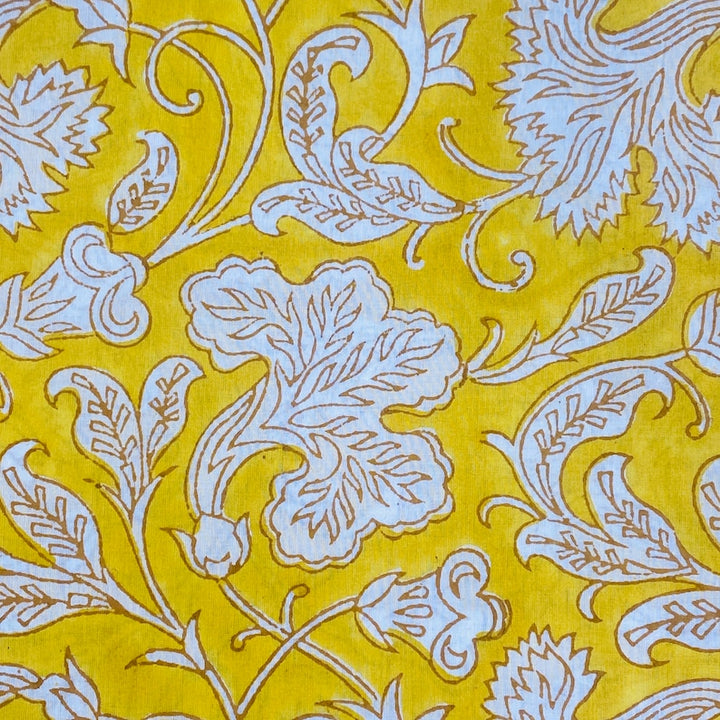 Fabricrush Saffron Yellow and Off White Indian Floral Hand Block Printed 100% Cotton Cloth, Fabric by the Yard, Womens Clothing Curtains Pillow Covers