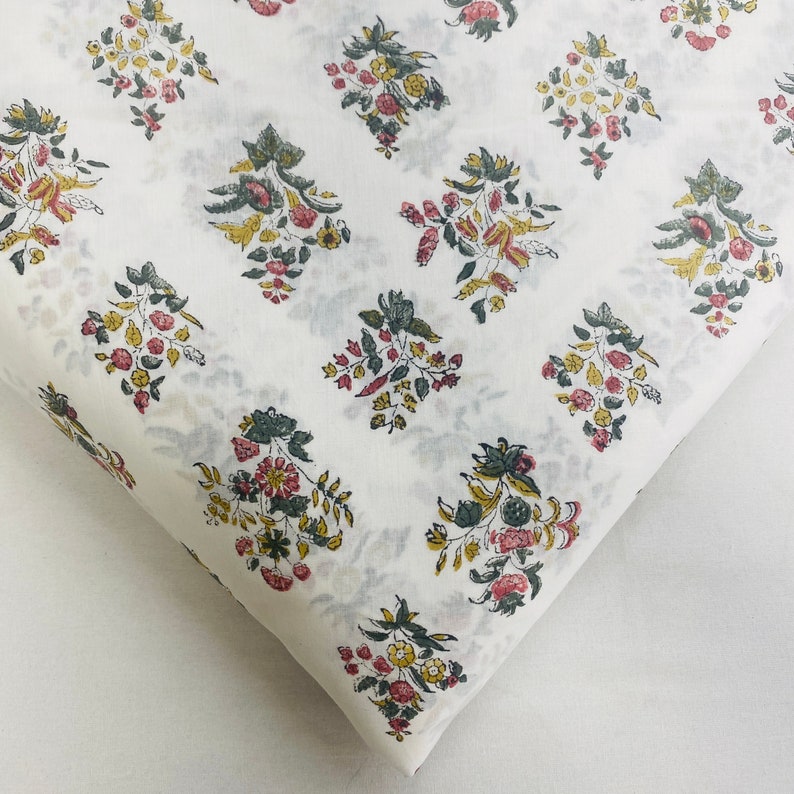 Jasmine Yellow, Green and Pink Indian Floral Hand Block Printed 100% Cotton Cloth, Fabric by the Yard, Curtains Pillows Cushions Duvet Cover