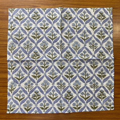 Light Steel Blue, Olive Green Indian Hand Block Printed 100% Cotton Cloth Napkins, Wedding Events Home Party, 18x18"-Cocktail 20x20"- Dinner