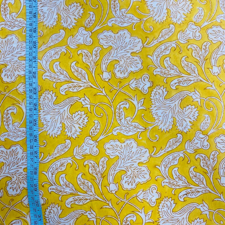 Fabricrush Saffron Yellow and Off White Indian Floral Hand Block Printed 100% Cotton Cloth, Fabric by the Yard, Womens Clothing Curtains Pillow Covers