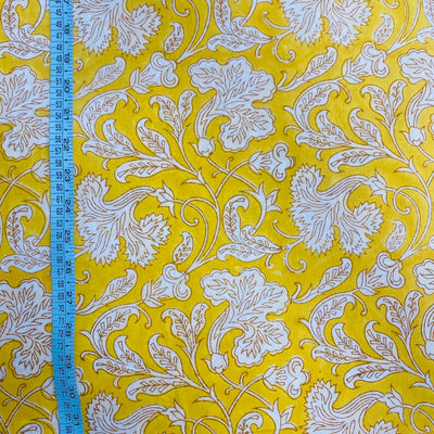 Saffron Yellow and Off White Indian Floral Hand Block Printed 100% Cotton Cloth, Fabric by the Yard, Womens Clothing Curtains Pillow Covers