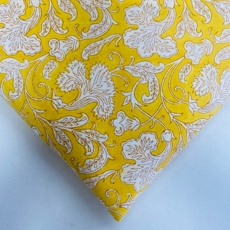 Fabricrush Saffron Yellow and Off White Indian Floral Hand Block Printed 100% Cotton Cloth, Fabric by the Yard, Womens Clothing Curtains Pillow Covers