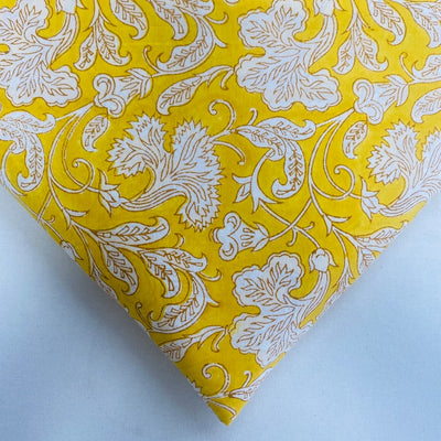 Saffron Yellow and Off White Indian Floral Hand Block Printed 100% Cotton Cloth, Fabric by the Yard, Womens Clothing Curtains Pillow Covers