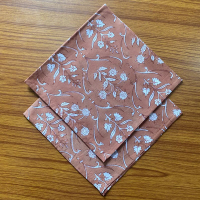 Fabricrush Tawny Brown and White Indian Hand Block Floral Printed Pure Cotton Cloth Napkins, Face Cover, 18x18"-Cocktail Napkins, 20x20"- Dinner Napkins