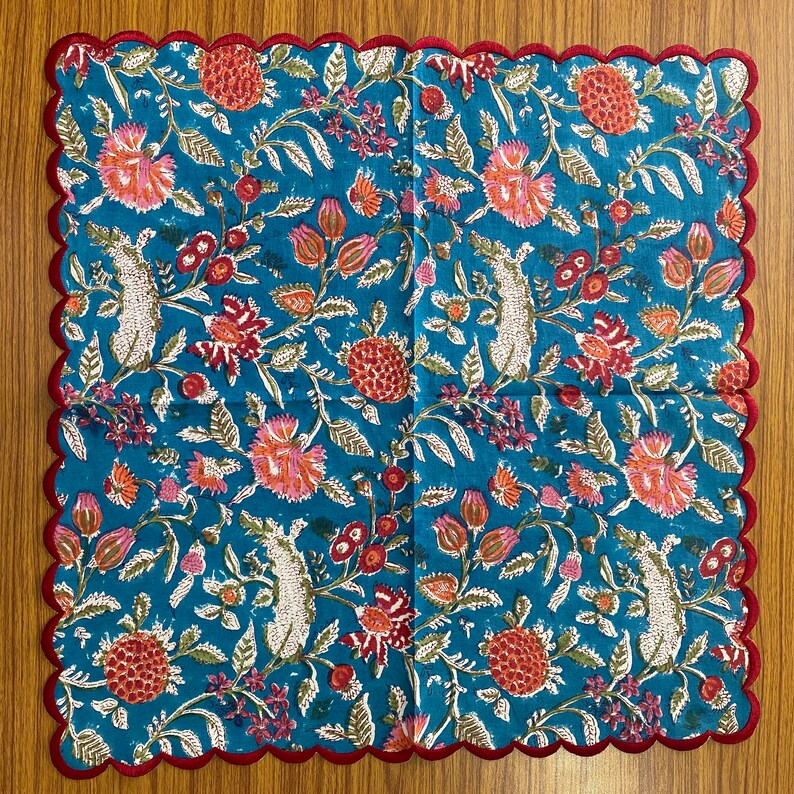 Fabricrush Teal Blue, Carmine Red, Punch Pink Floral Design Indian Hand Block Printed Cotton Napkins, Wedding Events Home 18x18"- Cocktail 20x20"- Dinner, Gift for her, gifts, Halloween, Christmas, Thanksgiving