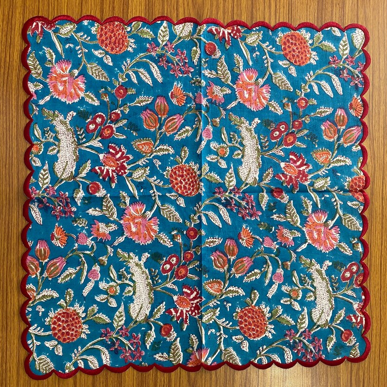 Teal Blue, Carmine Red, Punch Pink Floral Design Indian Hand Block Printed Cotton Napkins, Wedding Events Home 9x9"- Cocktail 20x20"- Dinner