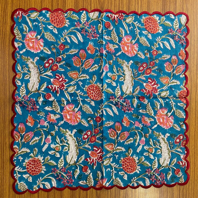 Fabricrush Teal Blue, Carmine Red, Punch Pink Floral Design Indian Hand Block Printed Cotton Napkins, Wedding Events Home 18x18"- Cocktail 20x20"- Dinner