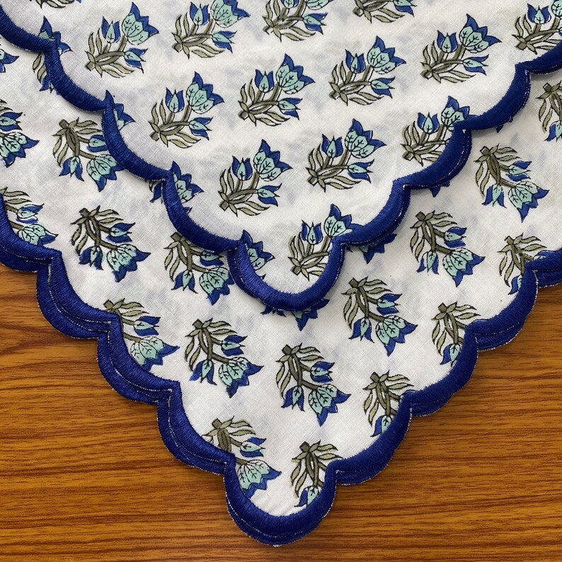 Fabricrush Dark Blue Sky, Adriatic Blue, Tea Green Indian Floral Hand Block Printed Cotton Cloth Embroidered Scallop Napkins, 18x18"-Cocktail Napkins, 20x20"-Dinner Napkins