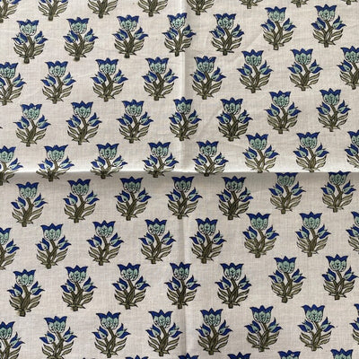 Dark Blue Sky, Adriatic Blue, Tea Green Indian Floral Hand Block Printed Cotton Cloth Napkins, 9x9"-Cocktail Napkins, 20x20"-Dinner Napkins