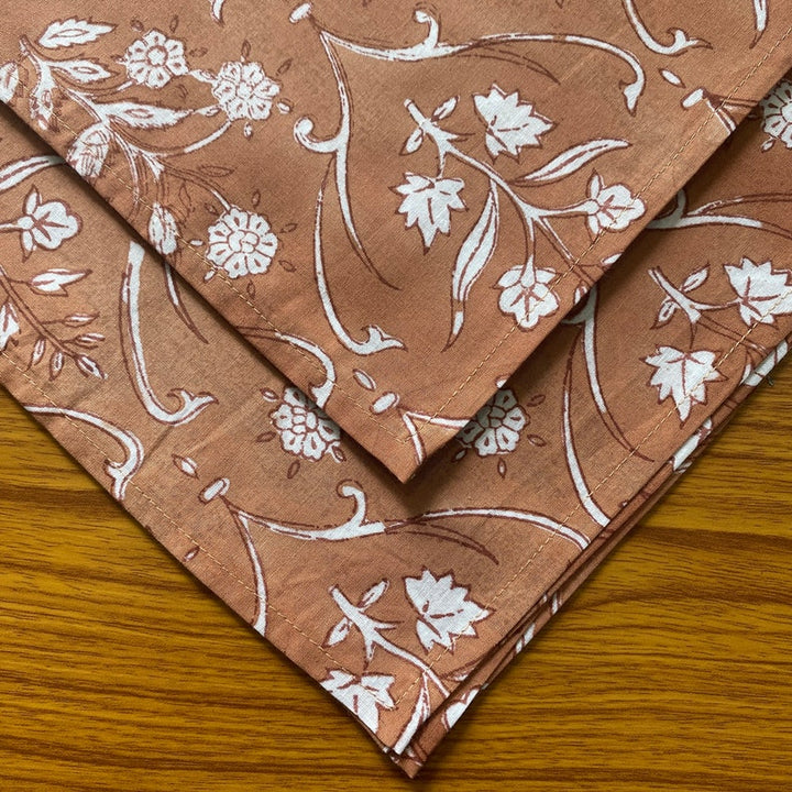 Fabricrush Tawny Brown and White Indian Hand Block Floral Printed Pure Cotton Cloth Napkins, Face Cover, 18x18"-Cocktail Napkins, 20x20"- Dinner Napkins