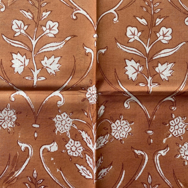 Fabricrush Tawny Brown and White Indian Hand Block Floral Printed Pure Cotton Cloth Napkins, Face Cover, 18x18"-Cocktail Napkins, 20x20"- Dinner Napkins