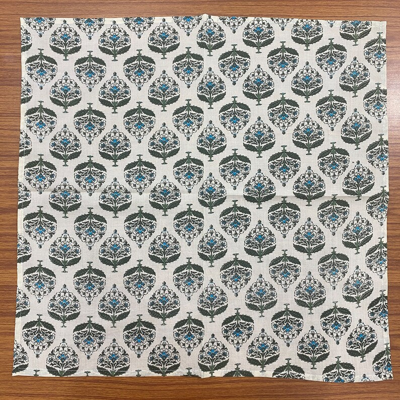 Soft Cream, Juniper and Seaweed Green Indian Floral Hand Block Printed Cotton Cloth Napkins Wedding Event Home 18x18"- Cocktail 20x20"- Dinner