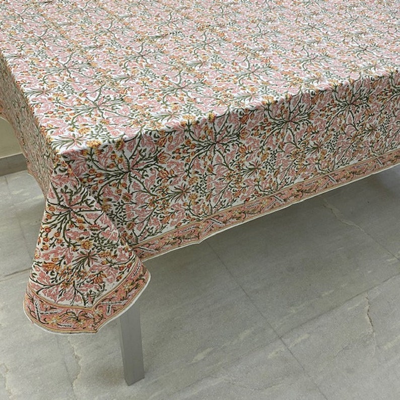 Fabricrush Tablecloth, Sassy and Salmon Pink Indian Hand Block Floral Printed Cotton Table Cover, Table Top, French Tablecloth, Wedding Home Fall Table