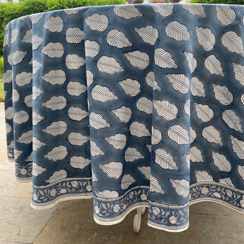 Fabricrush Stone Blue Round Tablecloth, Indian Floral Block Printed Cotton Cloth Table cover for Party Wedding Table Home Decor Event Farmhouse Linen