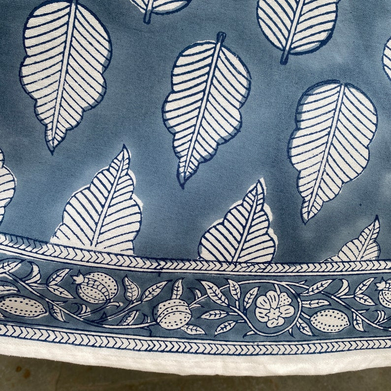 Fabricrush Stone Blue Round Tablecloth, Indian Floral Block Printed Cotton Cloth Table cover for Party Wedding Table Home Decor Event Farmhouse Linen