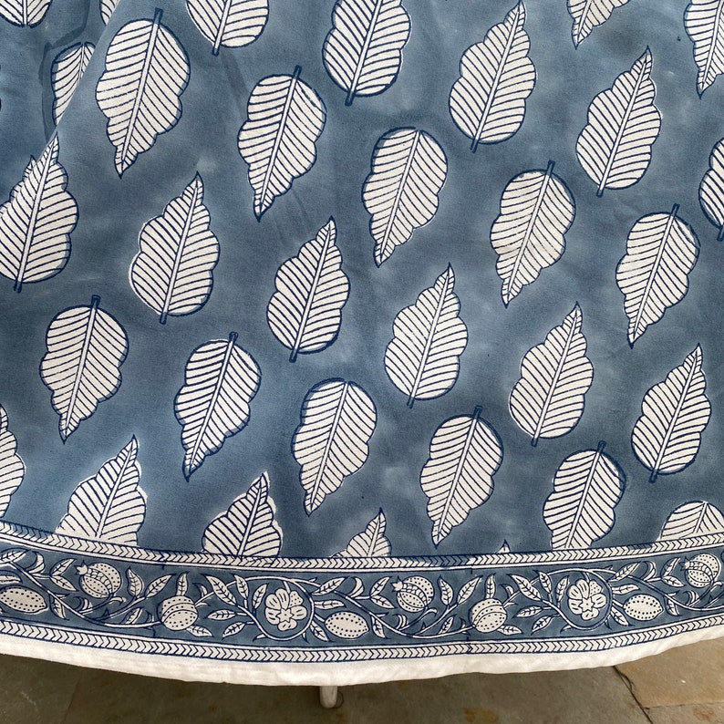 Fabricrush Stone Blue Round Tablecloth, Indian Floral Block Printed Cotton Cloth Table cover for Party Wedding Table Home Decor Event Farmhouse Linen