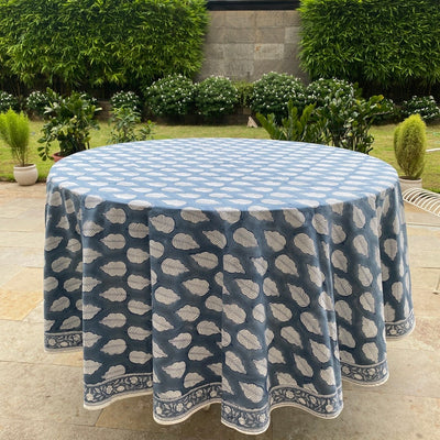 Fabricrush Stone Blue Round Tablecloth, Indian Floral Block Printed Cotton Cloth Table cover for Party Wedding Table Home Decor Event Farmhouse Linen