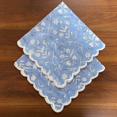 Fabricrush Cornflower Blue, White Indian Hand Block Floral Printed Cotton Cloth Napkins, Wedding Home Holiday Table Events, 18x18" Cocktail 20x20" Dinner