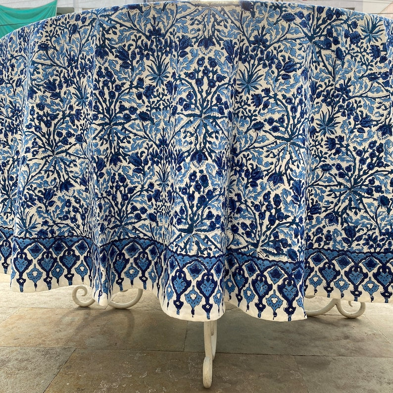 Dark Royal Blue Indian Floral Hand-Block Printed Cotton Round Tablecloth