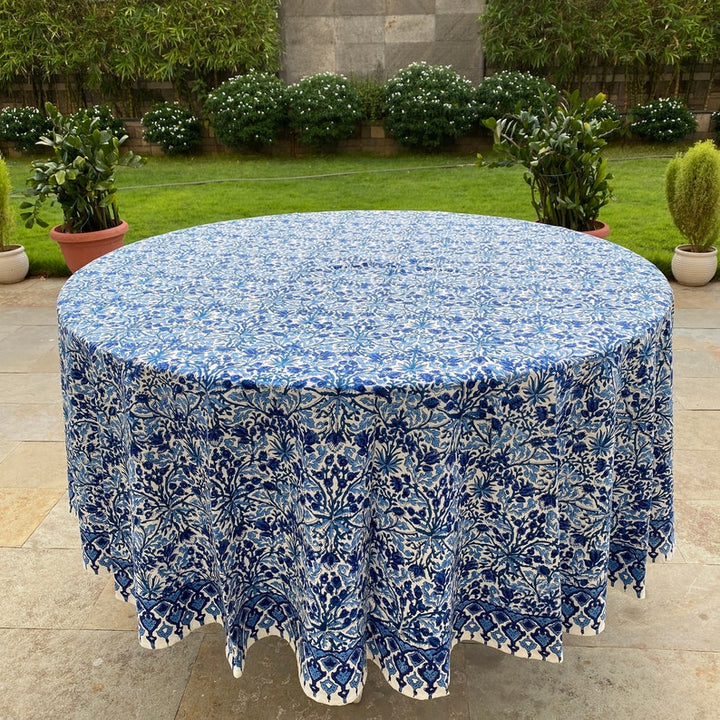 Dark Royal Blue Indian Floral Hand-Block Printed Cotton Round Tablecloth