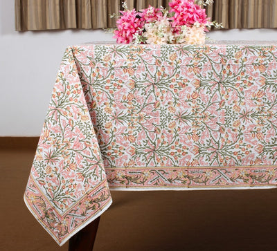 Fabricrush Tablecloth, Sassy and Salmon Pink Indian Hand Block Floral Printed Cotton Table Cover, Table Top, French Tablecloth, Wedding Home Fall Table