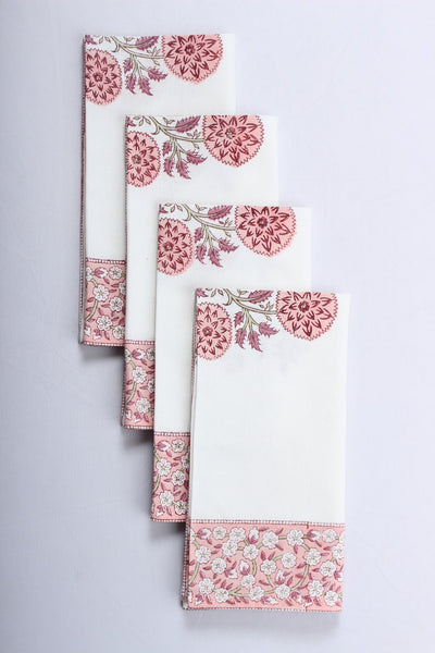 Fabricrush Border Napkins, Salmon Pink Indian Floral Hand Block Printed Cotton Cloth Napkins, Size 20x20", Wedding Home Restaurant